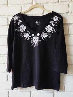 Black V-Neck Long Sleeve Top with White Floral Embroidery